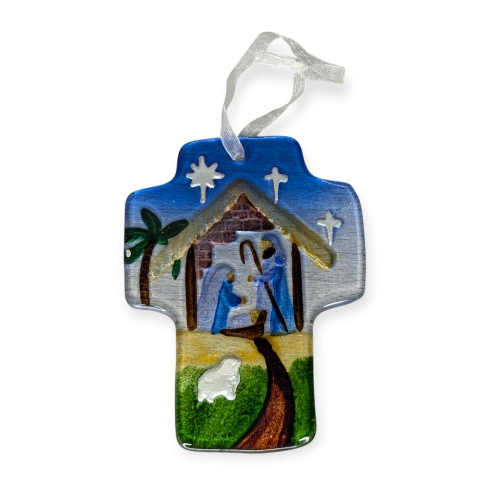 Hand Painted Glass Nativity Cross Christmas Ornament with Ribbon 5" x 4"